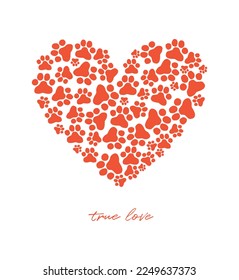 True Love. Big Heart made of Cat or Dog Paw Prints. Red Love Symbol on a White Background. Romantic Vector Illustration ideal for Valentine's Day, Cat and Dog's Day. Poster, Wall Art for Pet Lovers.