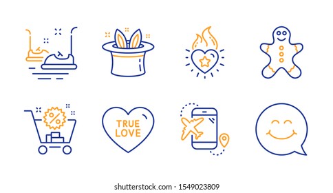 True love, Bumper cars and Flight destination line icons set. Hat-trick, Shopping cart and Heart flame signs. Gingerbread man, Smile face symbols. Sweet heart, Carousels. Holidays set. Vector