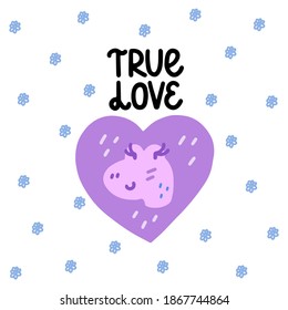 True love - cute colorful vector doodle with dinosaur and hand lettering. Hand drawn dinosaur with heart. Vector template for card, postcard, banner, poster, sticker and social media