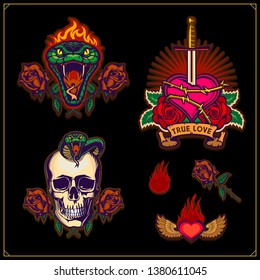 True love is love forever. Emblems with sword, heart, skull and green aggressive serpent with burning head. Vector tattoo design. Design for t-shirt, poster, card and sport club.