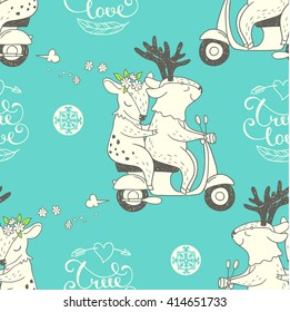 True love. hand drawn illustration of cute characters traveling on scooter.  vector seamless pattern with  hand writing slogan and tribal ornamental element