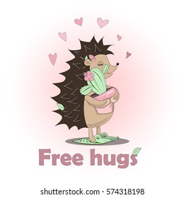 True love of hedgehog and cactus. St. Valentine's day card. Pastel poster. Print. Wallpaper. Illustration.