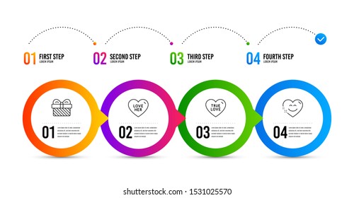 True love, Love her and Gift line icons set. Timeline infographic. Smile chat sign. Sweet heart, Sweetheart, Present. Heart face. Holidays set. True love icon. Timeline diagram. Vector