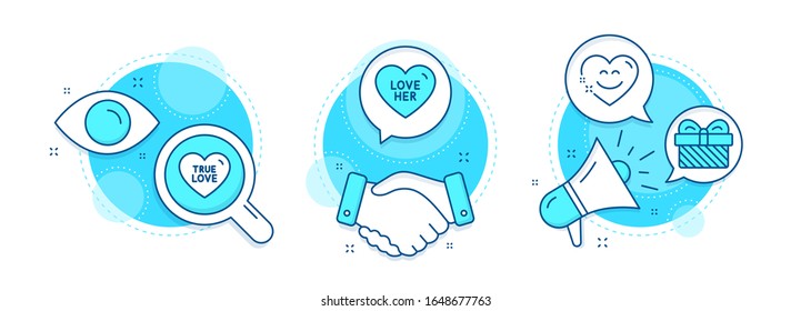 True Love, Love Her And Gift Line Icons Set. Handshake Deal, Research And Promotion Complex Icons. Smile Chat Sign. Sweet Heart, Sweetheart, Present. Heart Face. Holidays Set. Vector