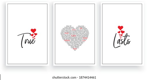 True love last, vector. Wording design, lettering. Scandinavian minimalist poster design, three pieces art design, wall artwork decor, wall decals. Romantic love quotes