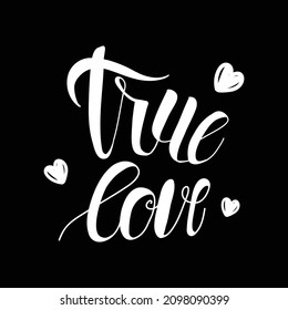True love lettering greeting card with hearts on black background.