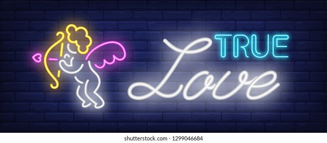 True love neon text and cupid with bow. Saint Valentines Day design. Night bright neon sign, colorful billboard, light banner. Vector illustration in neon style.