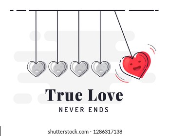 
True Love never ends. Newton's cradle with glowing heart. Trendy flat vector heart icons with concept of love on white background. 