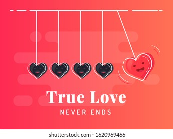 True Love never ends. Newton's cradle with glowing heart. Trendy flat vector heart icons with concept of love on red background.