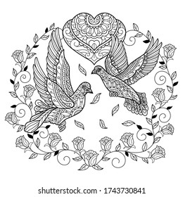 True love pigeon.
Zentangle stylized cartoon isolated on white background. 
Hand drawn sketch illustration for adult coloring book. 
