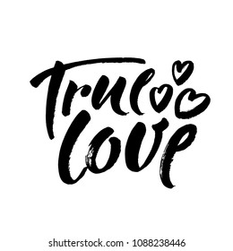 True love postcard. Phrase for Valentine's day. Ink illustration. Modern brush calligraphy. Isolated on white background. Vector