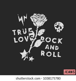 True love - rock and roll t-shirt print design. Grunge vintage t shirt stamp. Printing and badge applique label t-shirts, jeans, casual wear. Vector illustration.