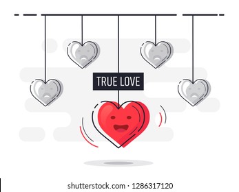 True love. Set of hanging hearts with one glowing. Trendy flat vector heart icons with concept of love on white background. 

