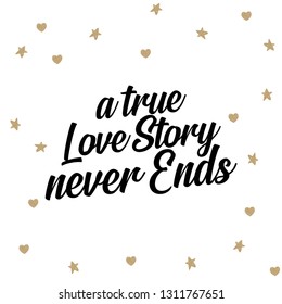 A true love story never ends. Vector Valentine's Day party invitation. Holiday background and design banner. Vector template with hand-drawn graphic.