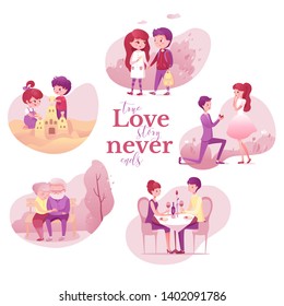 True love story never ends flat vector illustrations set. Romantic relationship stages. First date marriage proposal, romantic dinner. Couple different age, teenagers, pensioners, children in sandbox