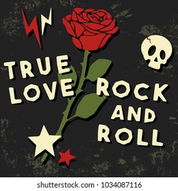 True love t shirt print. Rock slogan with rose designed for printing products, badge, applique, t-shirt stamp, clothing label, jeans, casual wear or wall decor. Vector illustration.