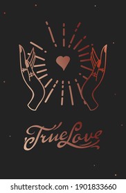 True Love web banner, esoteric Valentine's day card. Magic Hand drawn, doodle, sketch line style. Vector illustration