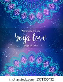 True Love. Yoga card design. Colorful template for spiritual retreat or yoga studio. Ornamental business cards, oriental pattern. Vector illustration.