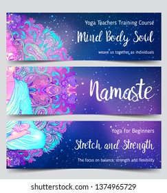 True Love. Yoga card design. Colorful template for spiritual retreat or yoga studio. Ornamental business cards, oriental pattern. Vector illustration.