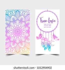 True Love. Yoga studio card design. Colorful template for spiritual retreat or pilates studio. Ornamental banners, oriental pattern over white background. Vector illustration. 