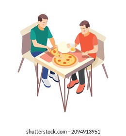 True male friendship isometric composition with characters of young friends eating pizza vector illustration