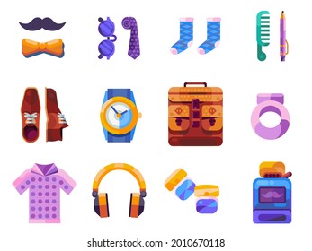 True man gifts icon set. Gentleman fashion elements and accessories. Hipster items in flat design.