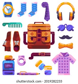 True men stuff icon set. Hipster man accessories. Gentleman bag flat lay fashion elements. Modern guy belongings and clothes in flat design.
