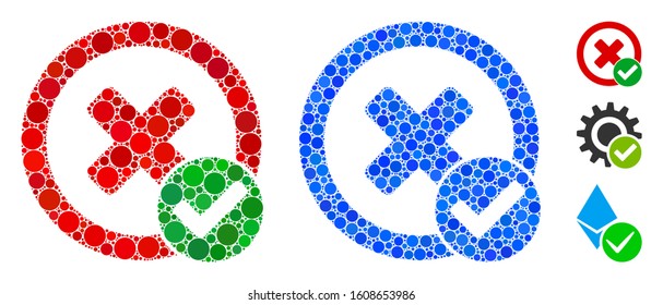 True negative composition of round dots in variable sizes and shades, based on true negative icon. Vector round dots are united into blue mosaic. Dotted true negative icon in usual and blue versions.