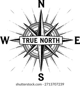 Tipografía verdadera de la brújula del norte con las flechas direccionales para el diseño del logotipo de la navegación, insignia de la aventura del viaje, emblema de la dirección de la exploración y aislado en la ilustración gráfica transparente de la vendimia