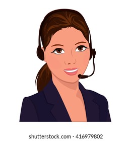 True professionalism. Vector illustration of a young female call-center office worker wearing headphones with microphone smiling isolated on white.