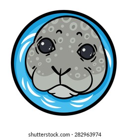 true seal or earless spotted seal peeking out of a hole in the ice - vector hand drawing illustration