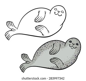 true seal or earless spotted seal - vector hand drawing illustration