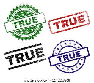 TRUE seal prints with damaged style. Black, green,red,blue vector rubber prints of TRUE caption with grunge surface. Rubber seals with round, rectangle, medal shapes.