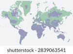 True size of countries: Mercator projection compared with the Equal Earth equal-area projection, green and purple semi transparent overlay. Shows how Mercator distorts country areas.