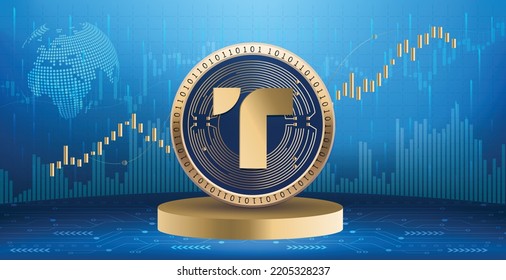 Verdadero logotipo y símbolo de la moneda de la moneda de TUSD TUSD cripto sobre el fondo de la infografía financiera. Banner y fondo de pantalla de ilustraciones vectoriales de tecnología futurista 