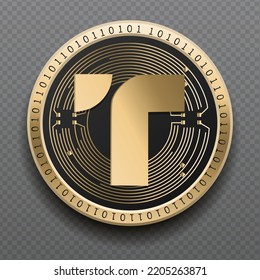 True USD (TUSD) cryptocurrency golden coin isolated in transparent background. Virtual currency token symbol vector illustration based on cryptography and block chain technology.