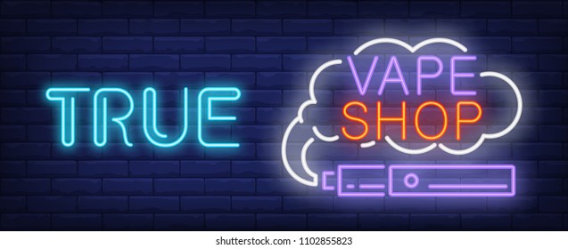 True Vape Shop Neon Sign. Purple Electronic Cigarette With Smoke Cloud. Vector Illustration In Neon Style For Store Or Consumerism