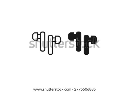 True wireless stereo earbuds icon set in outline and solid black for audio gadget