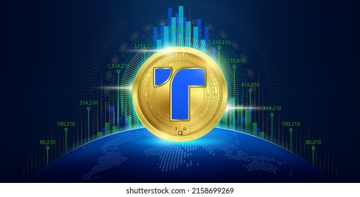 Cicriptodivisa de moneda TrueUSD con gráfico de crecimiento. Clave digital de divisa de token en el mercado bursátil de blockchain. Concepto de operaciones de cifrado de inversión financiera. Cartel de noticias en el mapa mundial. Vector.