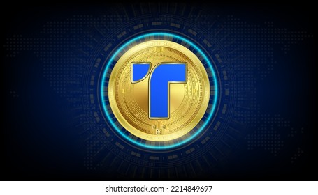 Moneda de moneda TrueUSD con criptodivisa token de oro. Futura moneda en el mercado de valores de blockchain digital. Monedas criptográficas en el vector de fondo negro azul EPS10.