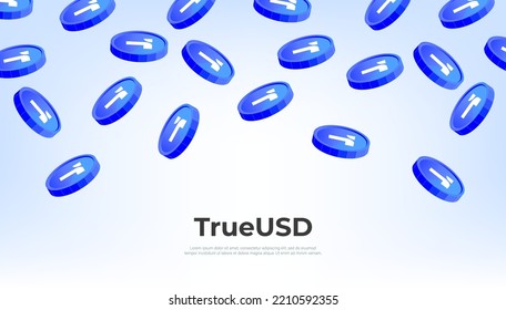 Moneda de TrueUSD (TUSD) cayendo del cielo. Fondo de banner de concepto de criptodivisa TUSD.