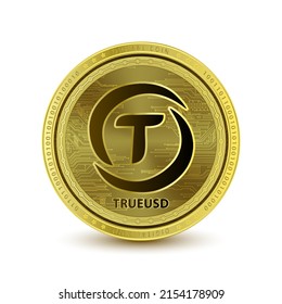 Moneda TrueUSD (TUSD) aislada en fondo blanco. Cryptocurrency blockchain (divisa criptodigital) divisa alternativa. Ilustración vectorial 3D. Símbolo de negocios de oro moderno, dinero.