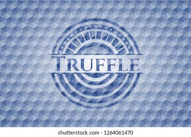 Truffle blue badge with geometric pattern background.