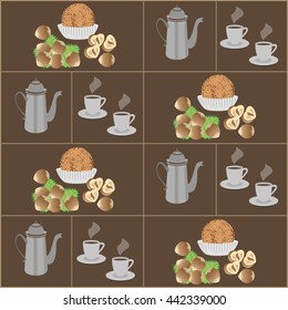 Truffle candies and coffee  pot. Vector illustration of chocolate desserts.