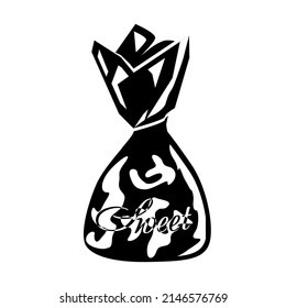 Truffle cone-shaped candy in a shiny wrapper. Pastry simple style black detailed logo icon vector black illustration isolated
