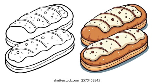 Éclair Truffle Line Art Vector Illustration Black and White with Coloring Sample. Bold and Easy Food, Sweets, Drinks, Dessert, and Snacks Coloring Pages for Adults and Kids.