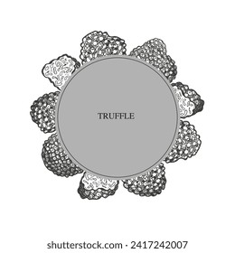 Truffle hongos borde de la tarjeta marco de hongos fondo de esbozo dibujado a mano con trufas blancas o negras grabadas para ilustración de vector de texto Diseño de plantilla para impresión, volante, papel, envoltura, etiqueta. Alimentos 