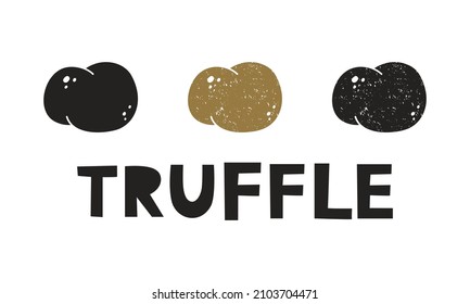 Truffle mushroom, silhouette icons set with lettering. Imitation of stamp, print with scuffs. Simple black shape and color vector illustration. Hand drawn isolated elements on white background