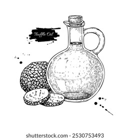 Truffle oil and black edible truffle vector drawing. Engraved style sketch of glass bottle with oil and group truffle mushrooms whole and sliced. Food aromatic illustration