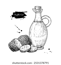 Truffle oil and black edible truffle vector drawing. Engraved style sketch of glass bottle with oil and group truffle mushrooms whole and sliced. Food aromatic illustration